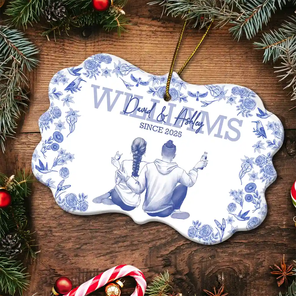 Toile De Jouy Married Couple - Personalized Medallion Ceramic Ornament - Image 5