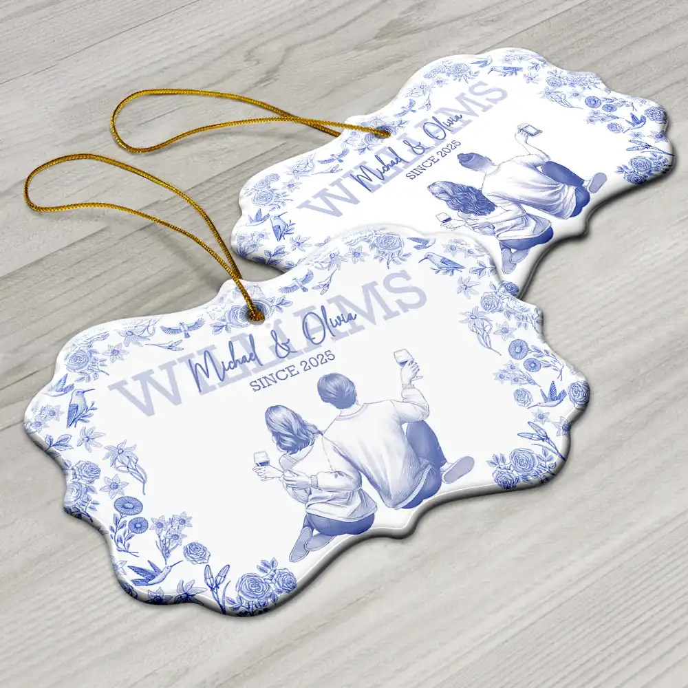 Toile De Jouy Married Couple - Personalized Medallion Ceramic Ornament - Image 6