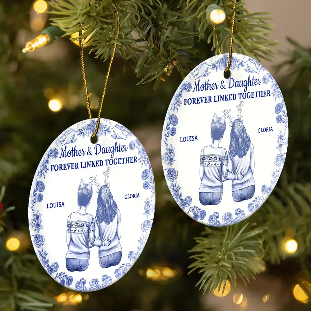 Toile De Jouy Mother And Daughters Forever Linked Together - Personalized Circle Ceramic Ornament - Image 2