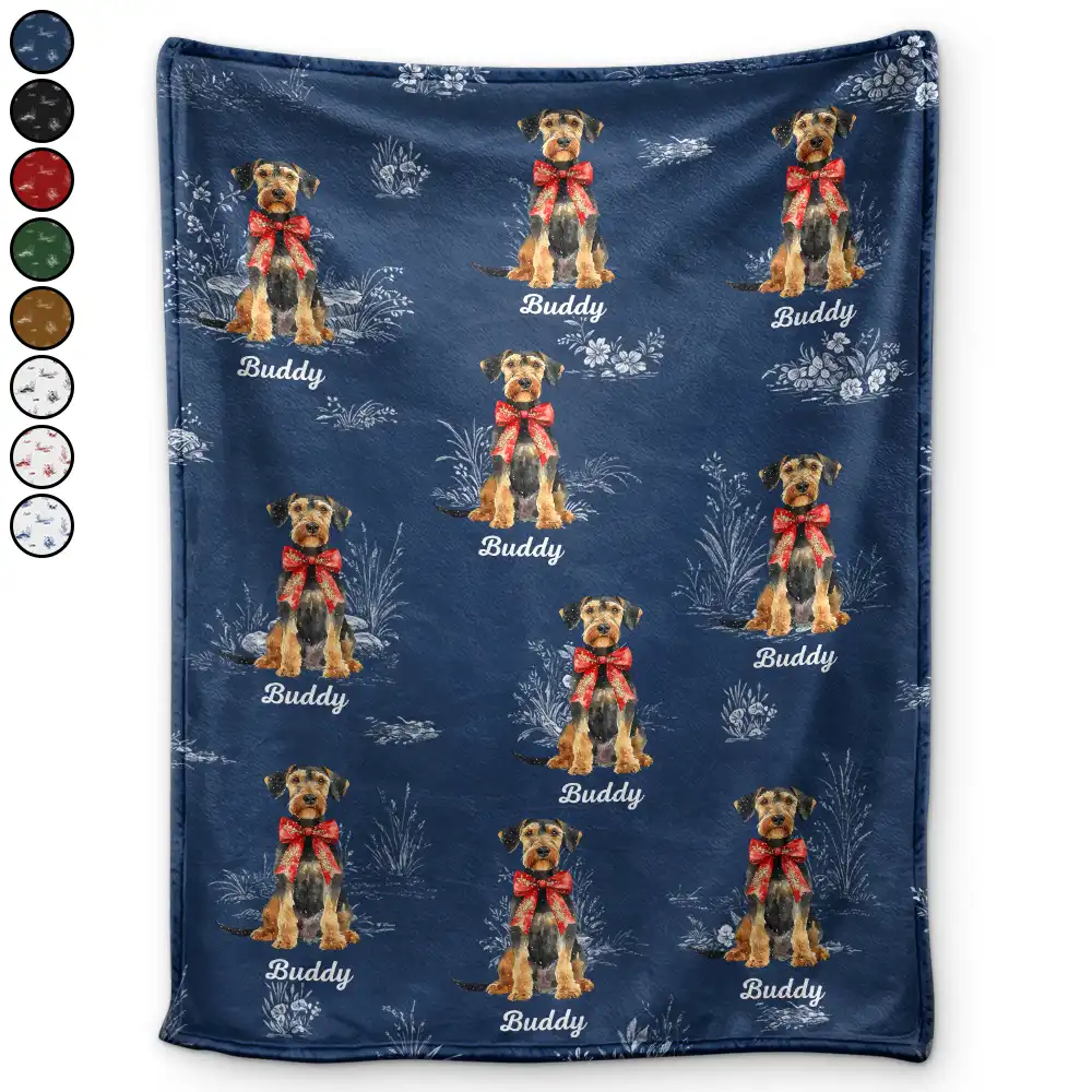 Toile De Jouy Red Bow Dog - Personalized Fleece Blanket, Sherpa Blanket