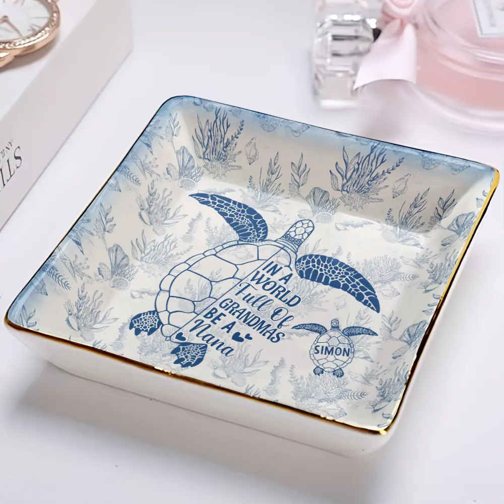 Toile De Jouy Sea Turtle World Full Of Grandmas - Personalized Ring Dish - Image 2