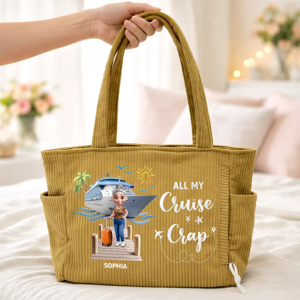Travel All My Cruise Crap - Personalized Corduroy Tote Bag - Image 4