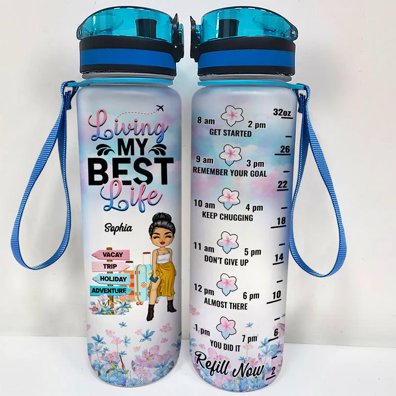 Travel Chibi Girl Living My Best Life - Personalized Custom Water Tracker Bottle - Image 2