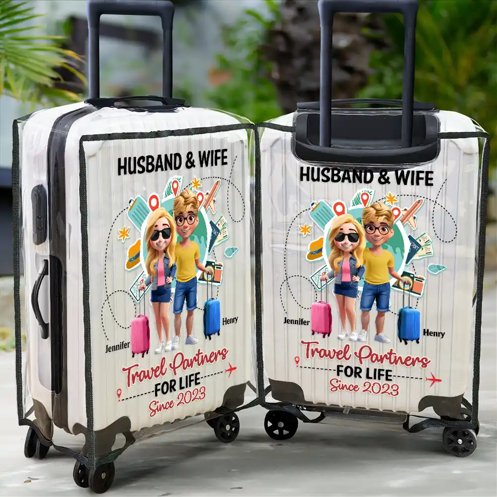 Travel Couple Travel Partners For Life 3D Effect - Personalized Clear Luggage Cover - Image 2