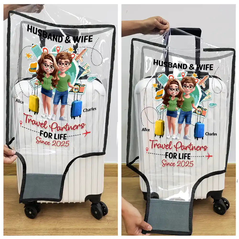 Travel Couple Travel Partners For Life 3D Effect - Personalized Clear Luggage Cover - Image 5