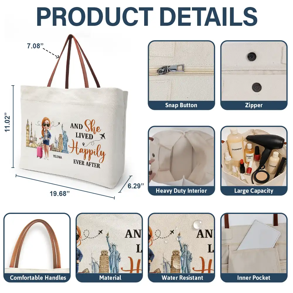 Travel Is My Therapy - Personalized Leather Handle Tote Bag - Image 4