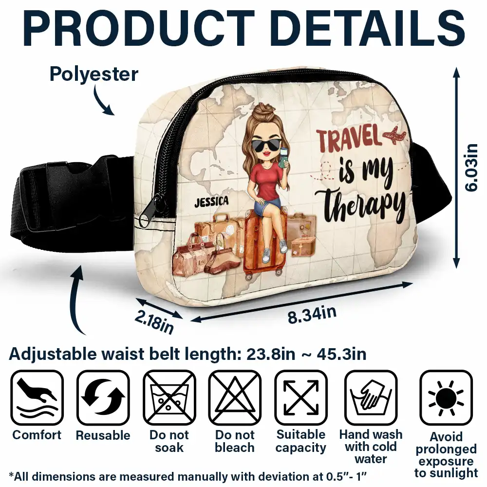 Travel Is My Therapy Vintage World Map - Personalized Crossbody Belt Bag - Image 6