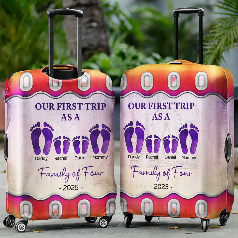 Travel Our First Trip As A Family Of Four Footprints - Personalized Luggage Cover - Image 2