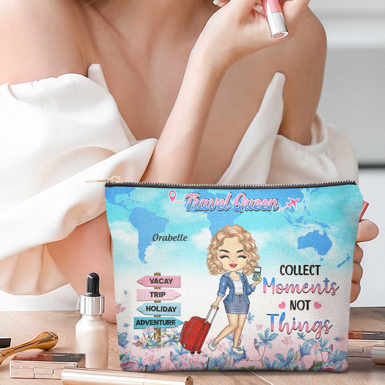 Travel Queen Living My Best Life - Gift For Travel Lovers, Travelers - Personalized Cosmetic Bag - Image 2