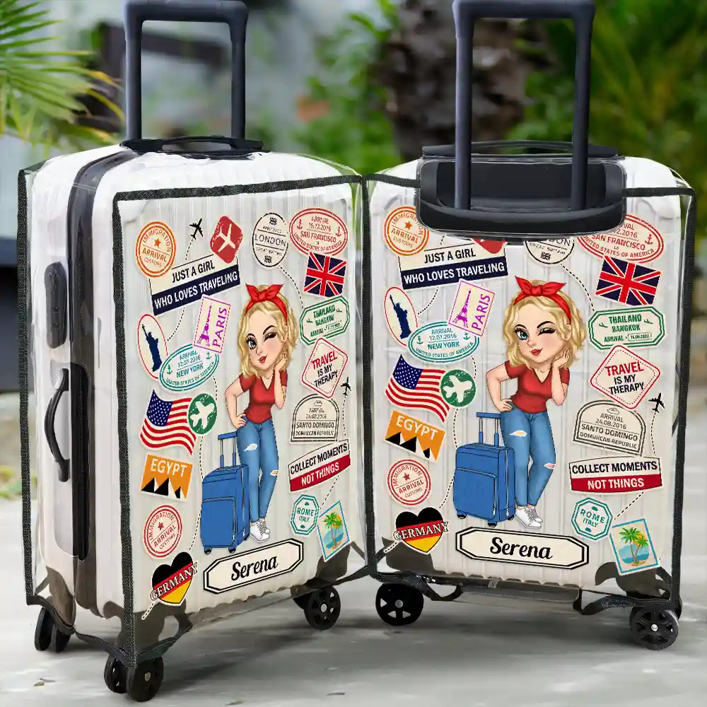 Travel Sticker Just A Girl Who Loves Traveling - Personalized Clear Luggage Cover - Image 2