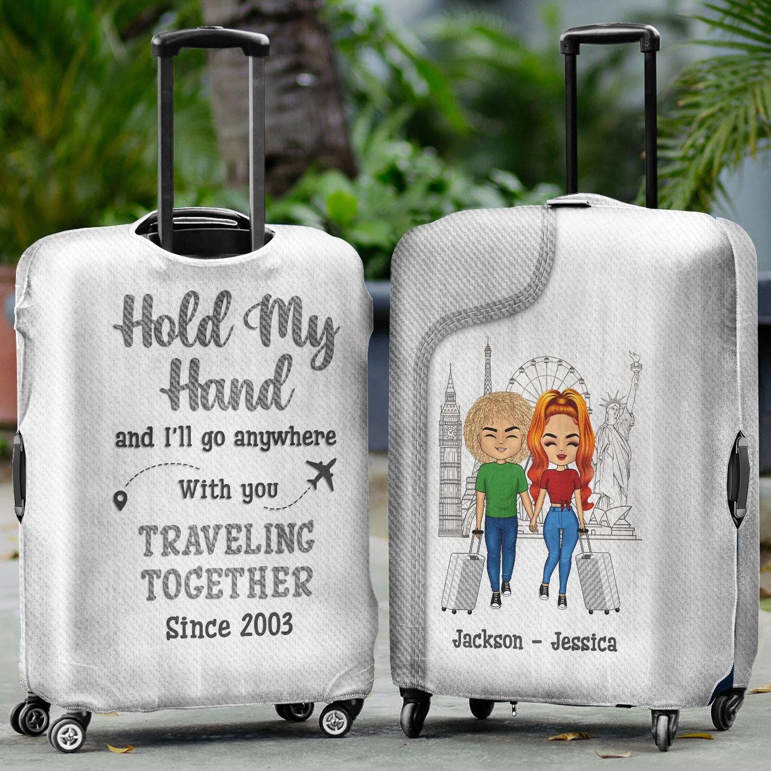 Traveling Couple Hold My Hand & I Go Anywhere - Gift For Couples - Personalized Custom Luggage Cover - Image 2