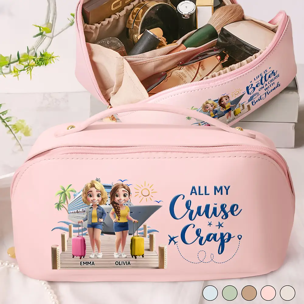 Traveling Girls Trip All My Cruise Crap Besties Cruising - Personalized Leather Makeup Bag