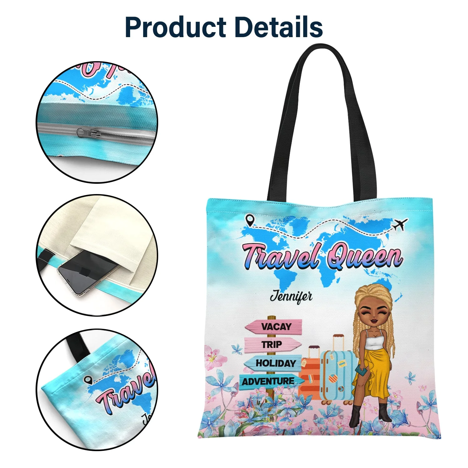 Traveling Just A Girl Who Loves Traveling - Gift For Women, Gift For Traveling Lovers - Personalized Custom Zippered Canvas Bag - Image 4