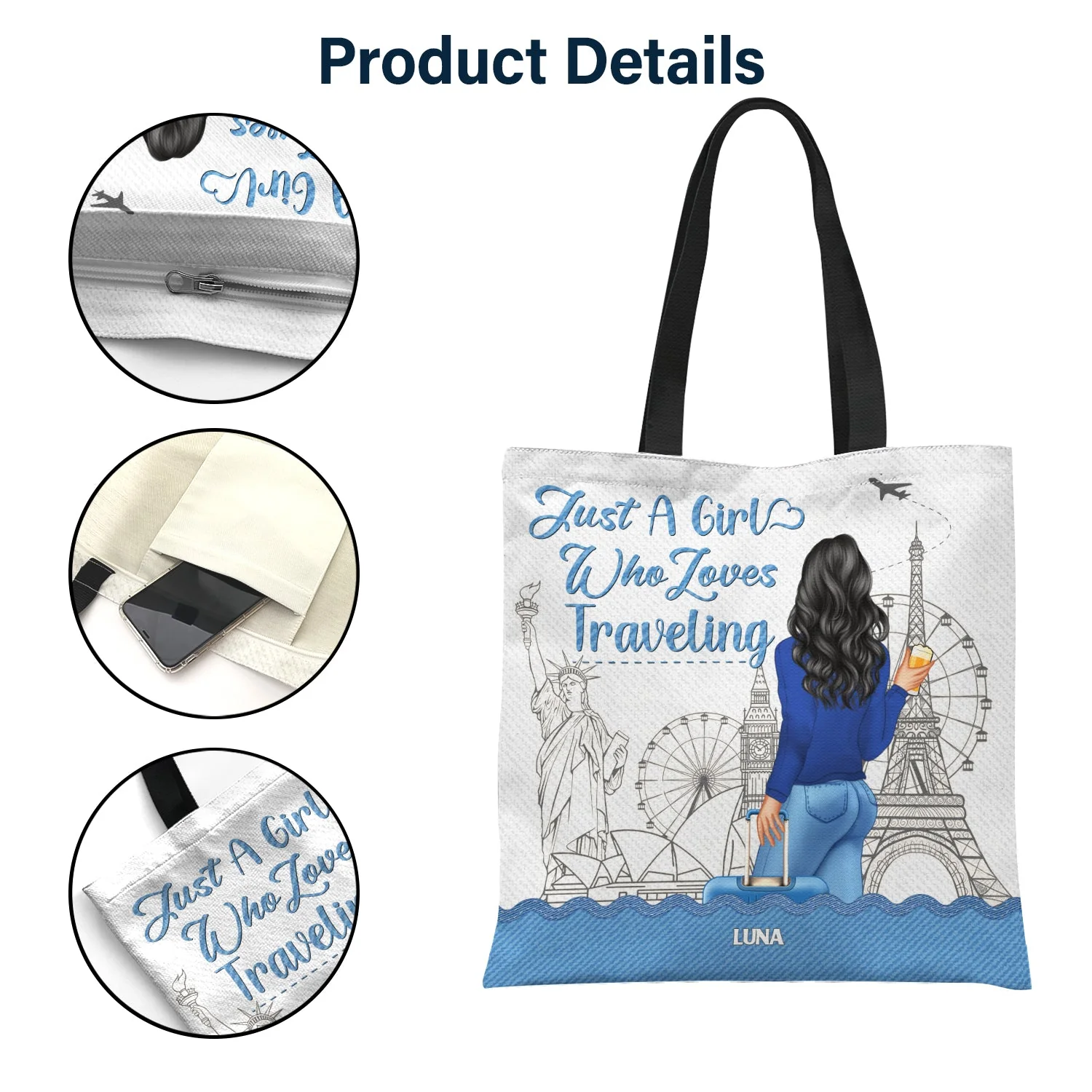 Traveling Just A Girl Who Loves Traveling - Gift For Women - Personalized Zippered Canvas Bag - Image 5