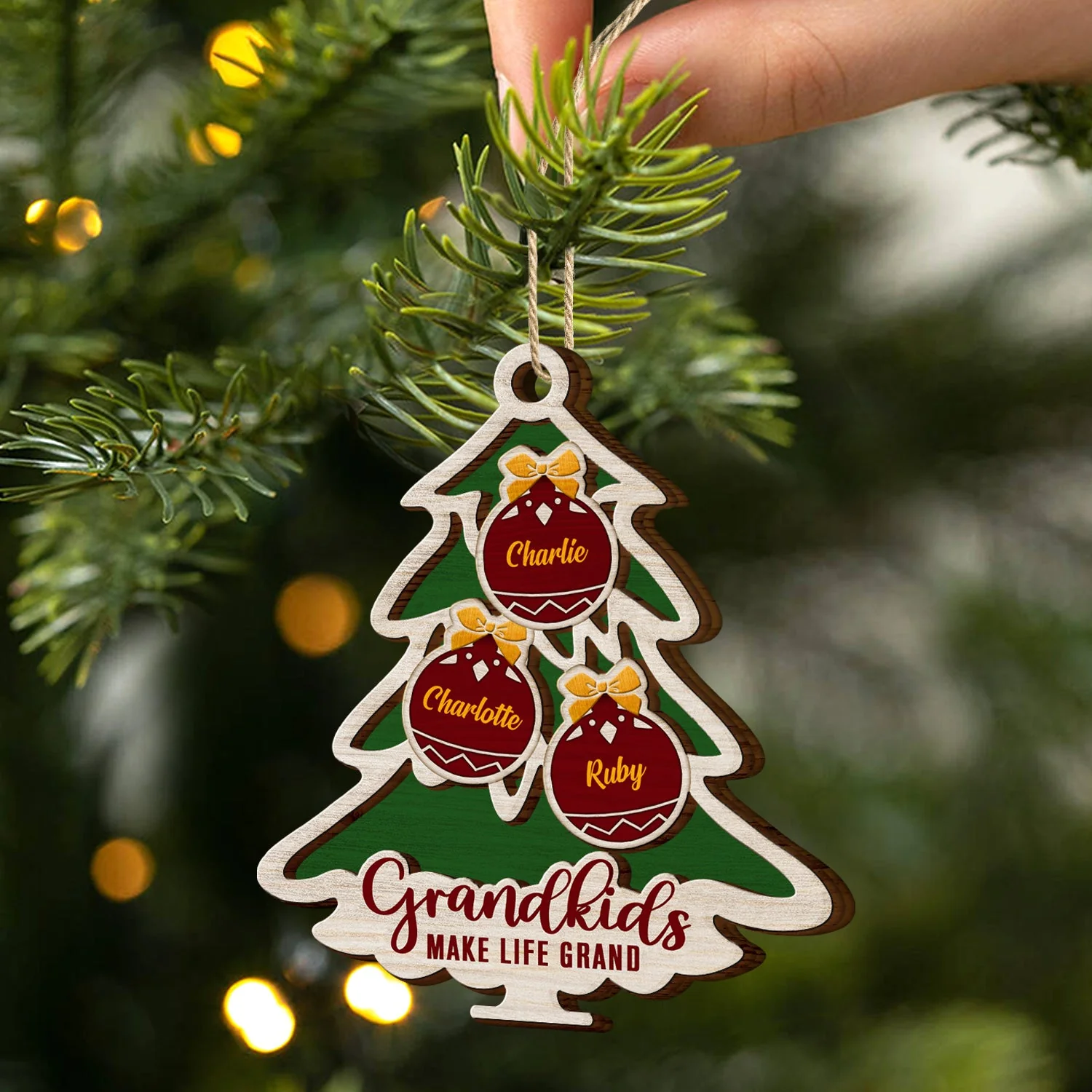 Tree Shape Love Grows Here - Holiday, Xmas, Christmas Gift For Family, Parents, Grandparents - Personalized 2-Layered Wooden Ornament - Image 2