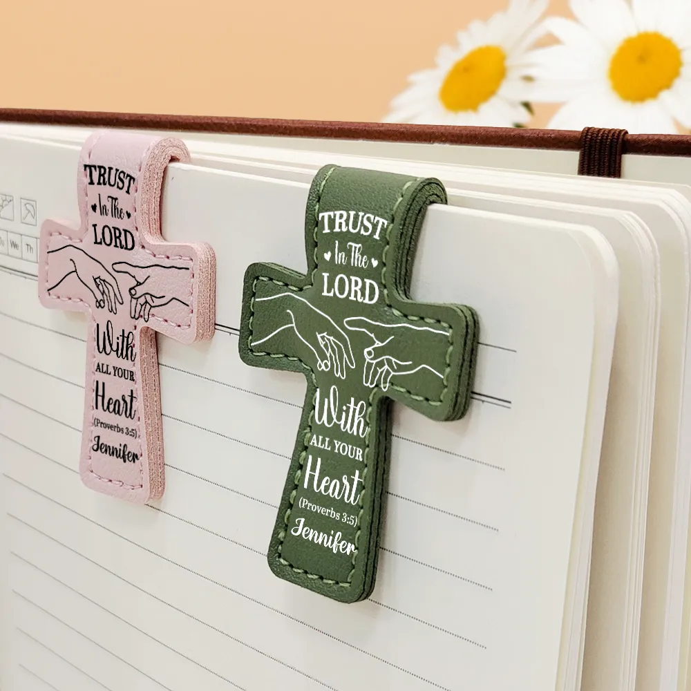 Trust In The Lord With All Your Heart - Personalized Cross Leather Magnetic Bookmark - Image 4