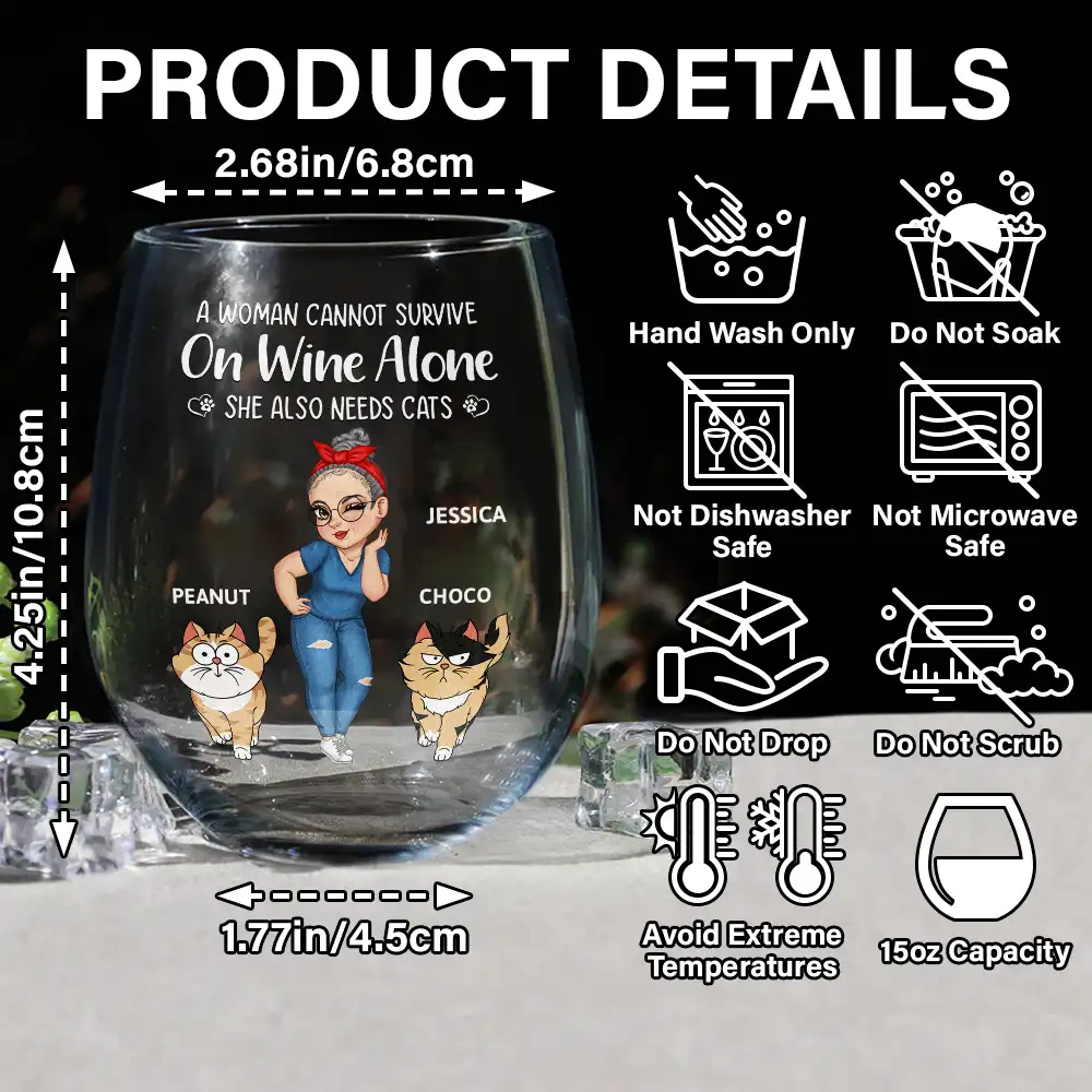 Turban Woman Cannot Survive On Wine Alone Cat Mom Cartoon Go Toward - Personalized Stemless Wine Glass - Image 5