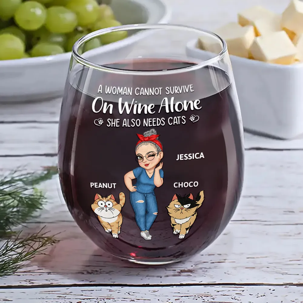 Turban Woman Cannot Survive On Wine Alone Cat Mom Cartoon Go Toward - Personalized Stemless Wine Glass - Image 6