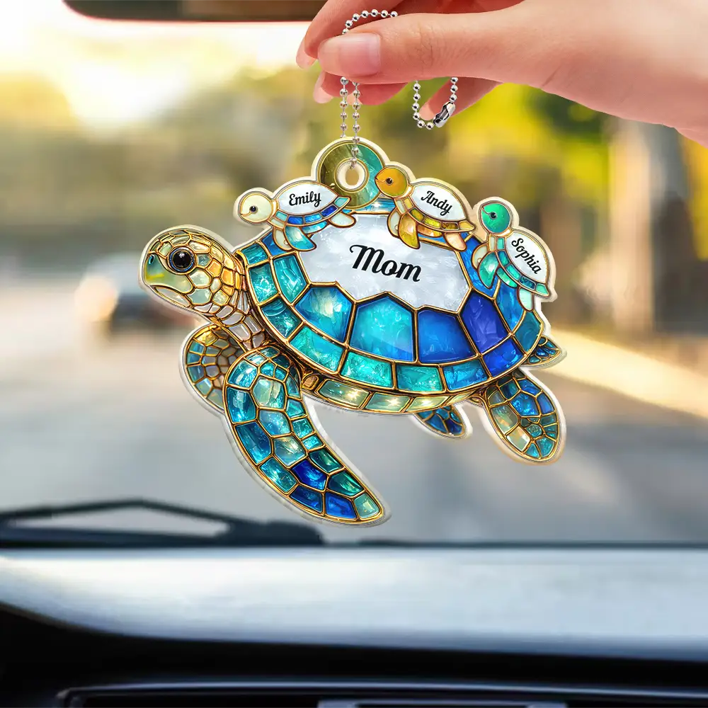 Turtle Stained Glass Mom Grandma - Personalized Acrylic Car Hanger - Image 3