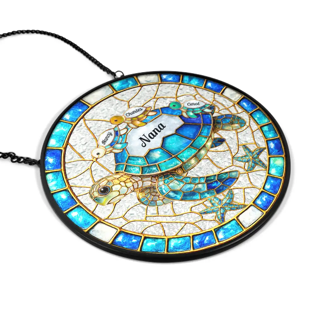 Turtle Stained Glass Mom Grandma - Personalized Stained Glass Window Hanging Suncatcher - Image 2