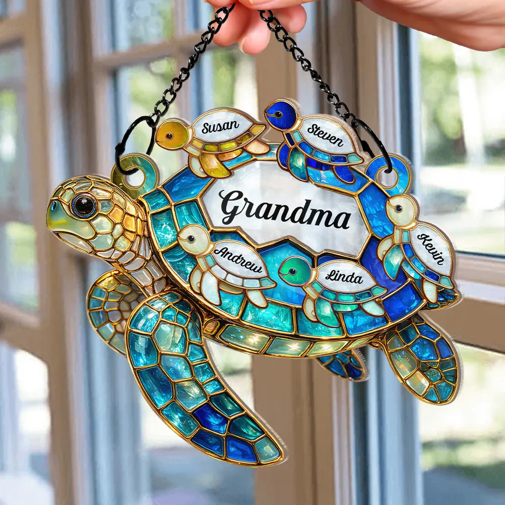 Turtle Stained Glass Mom Grandma - Personalized Window Hanging Suncatcher Ornament - Image 2