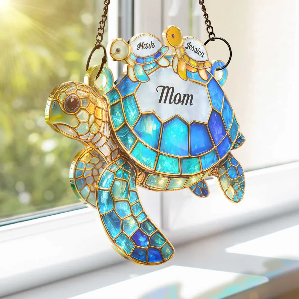 Turtle Stained Glass Mom Grandma - Personalized Window Hanging Suncatcher Ornament - Image 3