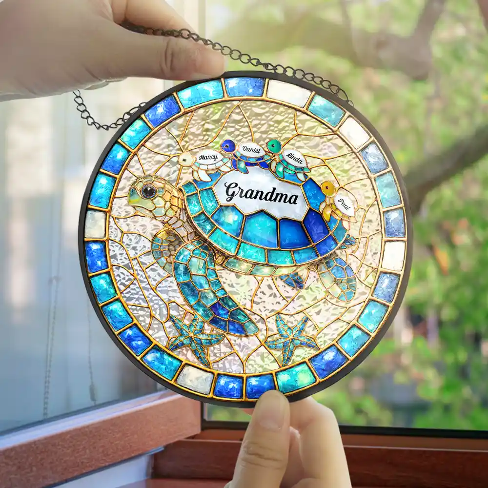 Turtle Stained Glass Mum Nanny - Personalised Stained Glass Window Hanging Suncatcher - Image 4