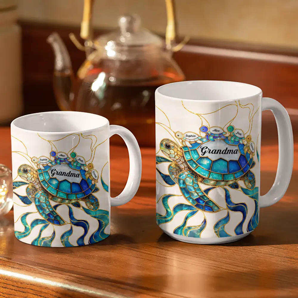 Turtle Stained Glass Mum Nanny - Personalised White Edge-to-Edge Mug - Image 3