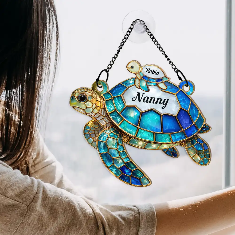 Turtle Stained Glass Nanny Mum - Personalised Window Hanging Suncatcher Ornament - Image 4