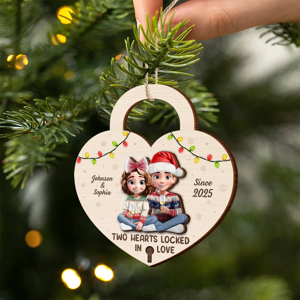 Two Hearts Locked In Love Couple - Personalized 2-Layered Wooden Ornament - Image 2