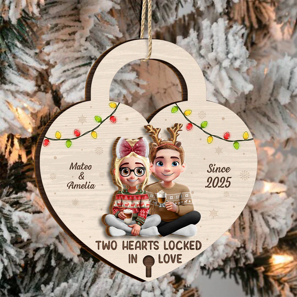 Two Hearts Locked In Love Couple - Personalized 2-Layered Wooden Ornament - Image 3