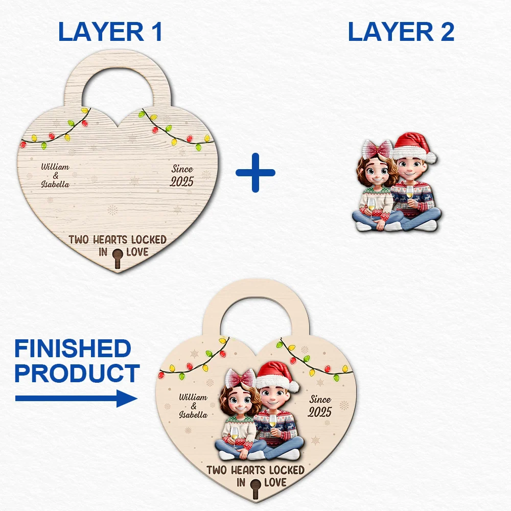 Two Hearts Locked In Love Couple - Personalized 2-Layered Wooden Ornament - Image 6