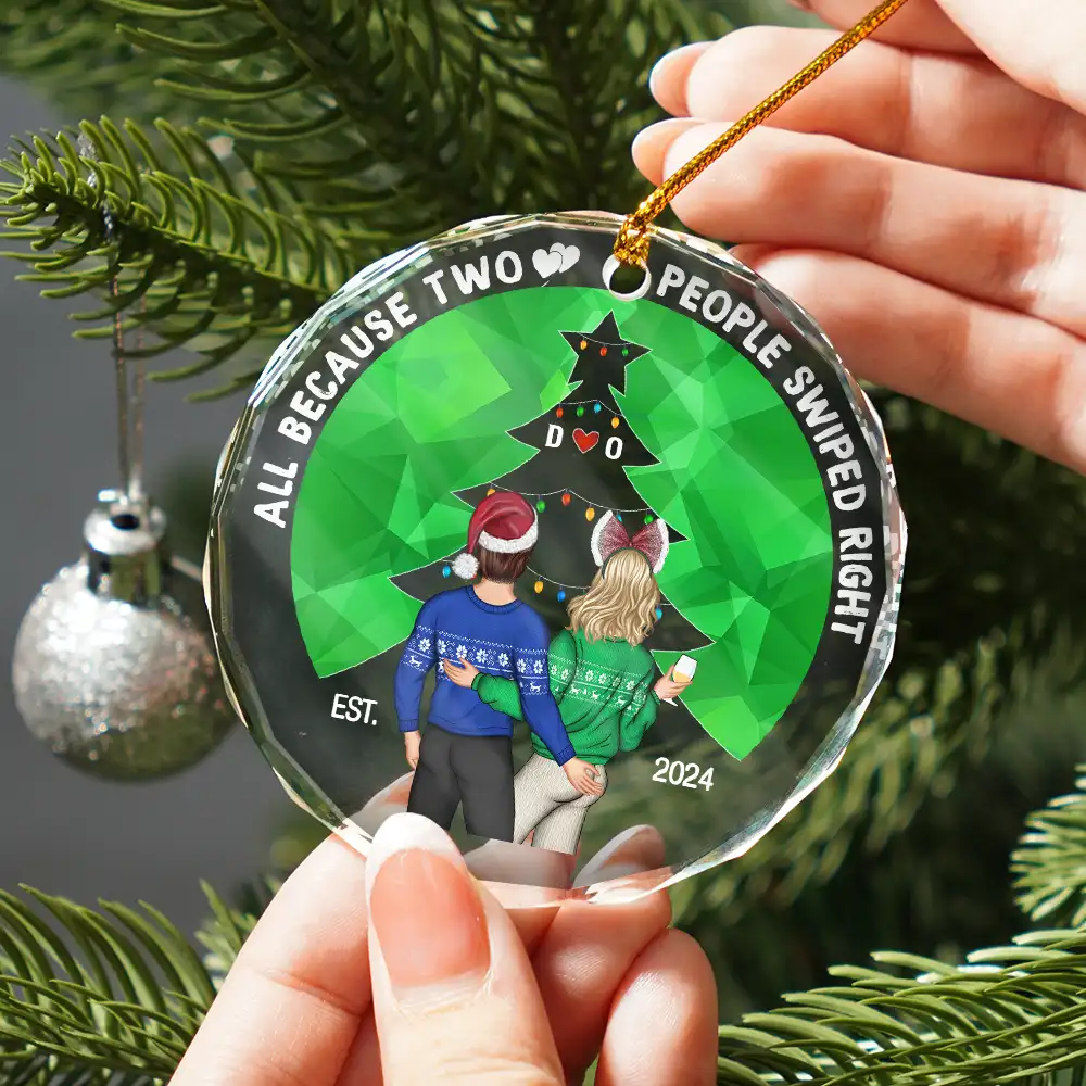 Two People Swiped Right - Personalized Circle Glass Ornament - Image 2