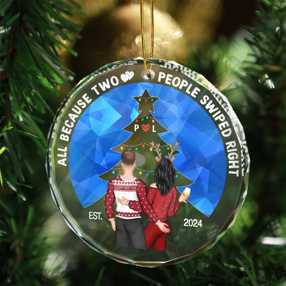 Two People Swiped Right - Personalized Circle Glass Ornament - Image 3