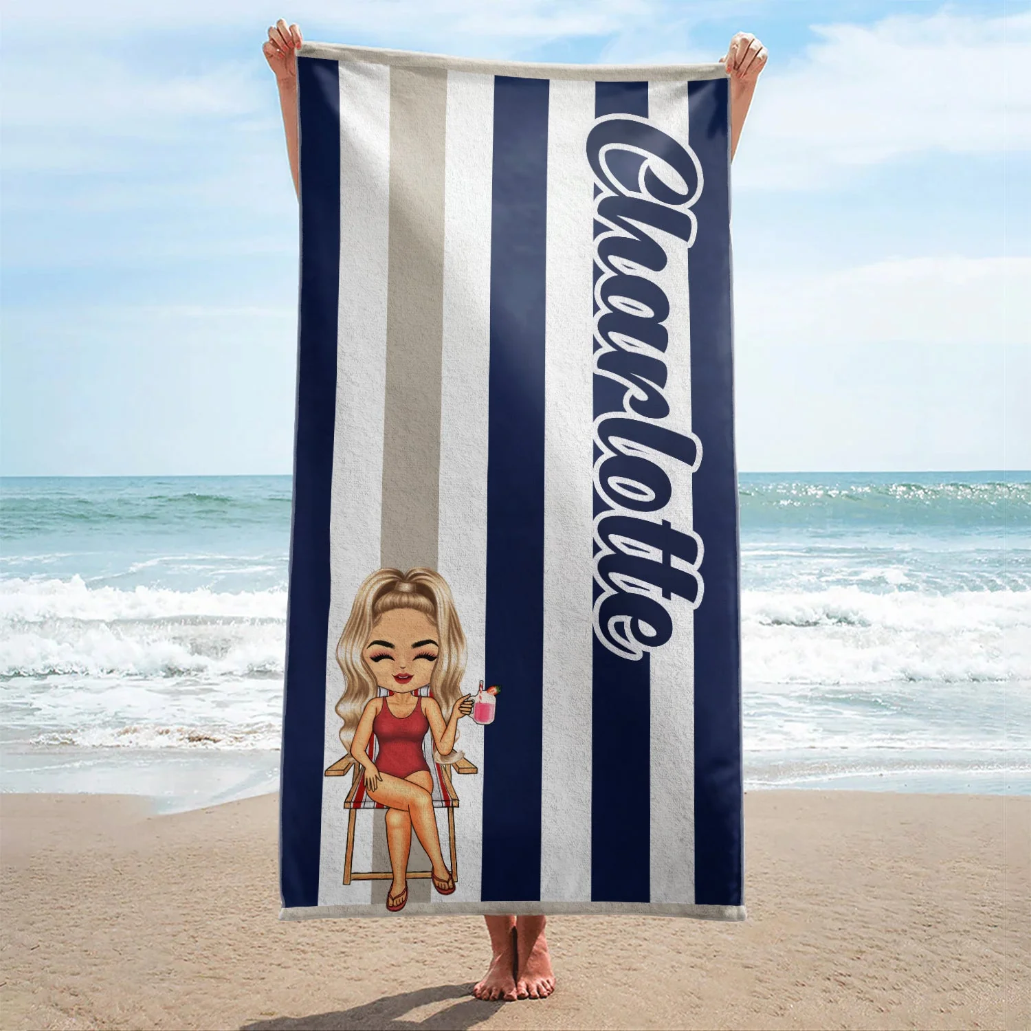 Vacation Stripe Flamingo Lobster Pineapple Shark - Birthday, Anniversary, Travel Gift For Woman, Man - Personalized Beach Towel - Image 2