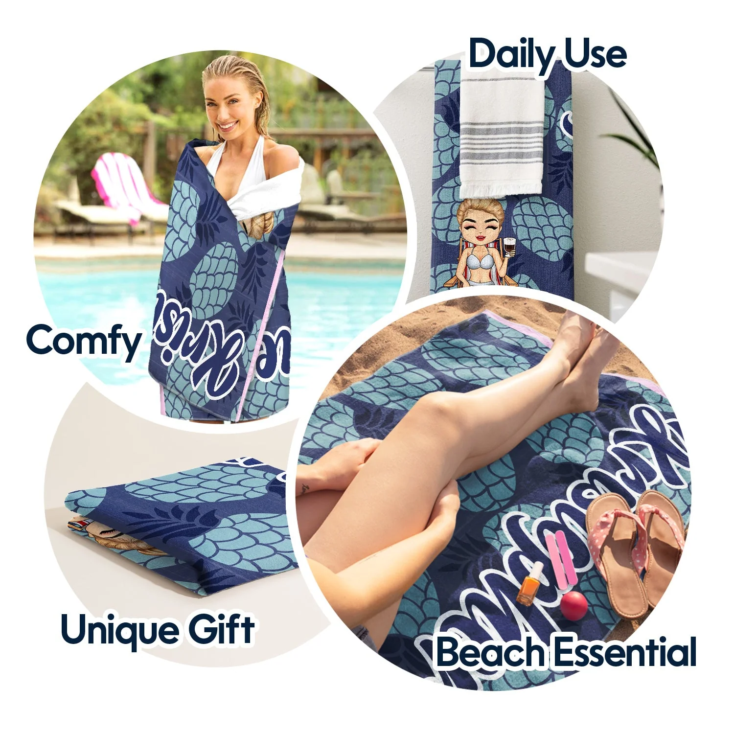 Vacation Stripe Flamingo Lobster Pineapple Shark - Birthday, Anniversary, Travel Gift For Woman, Man - Personalized Beach Towel - Image 5