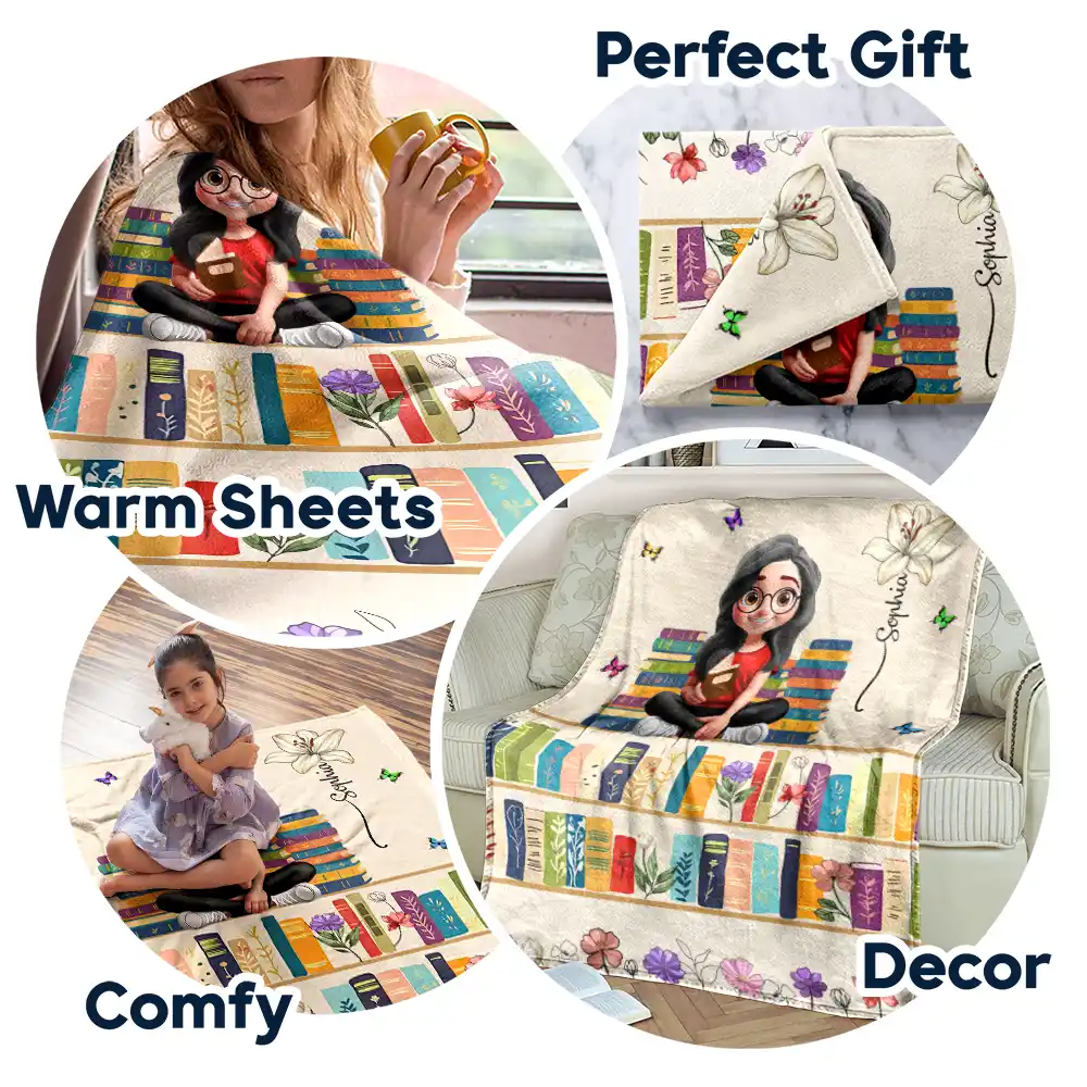 Vintage Bookself Reading Girl With Birth Month Flower - Personalized Fleece Blanket, Sherpa Blanket - Image 7