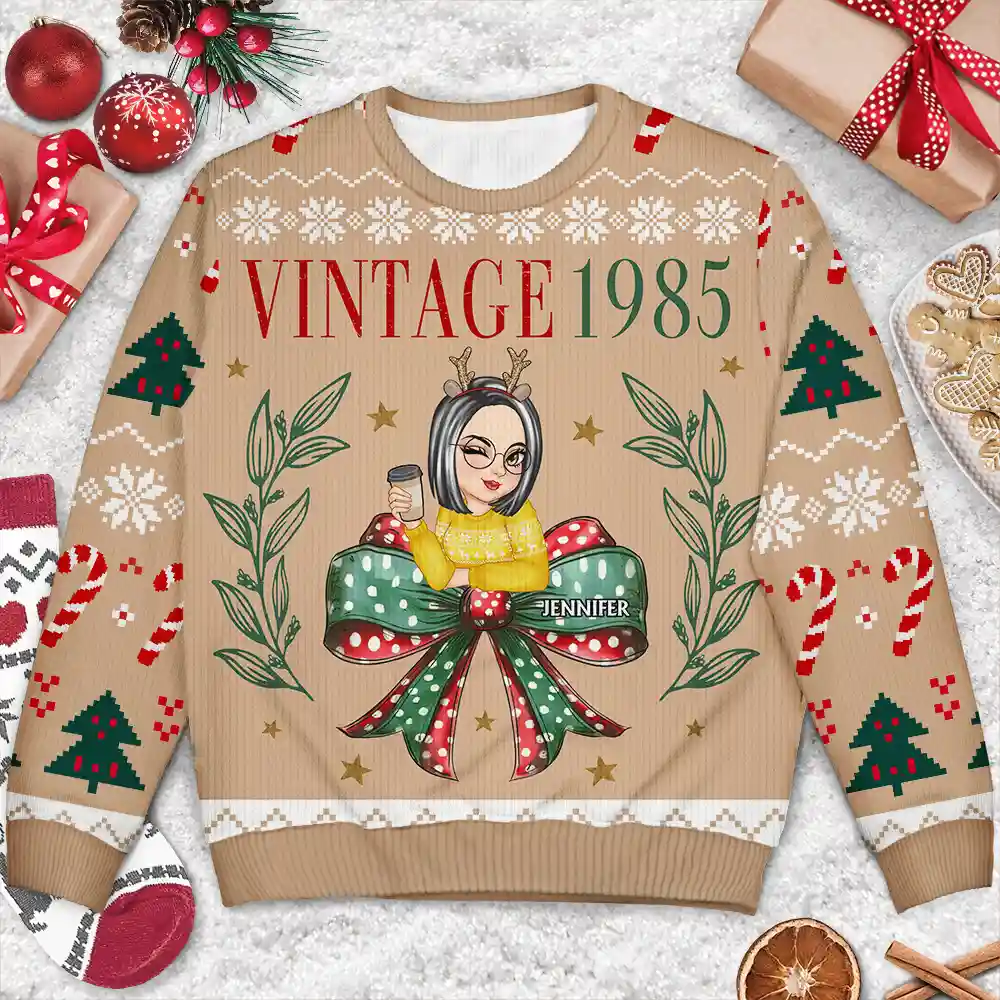 Vintage Christmas - Personalized Unisex Ugly Sweater - Image 3