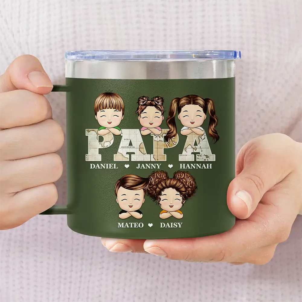 Vintage Map Papa Daddy Grandpa - Personalized 14oz Stainless Steel Tumbler With Handle - Image 3