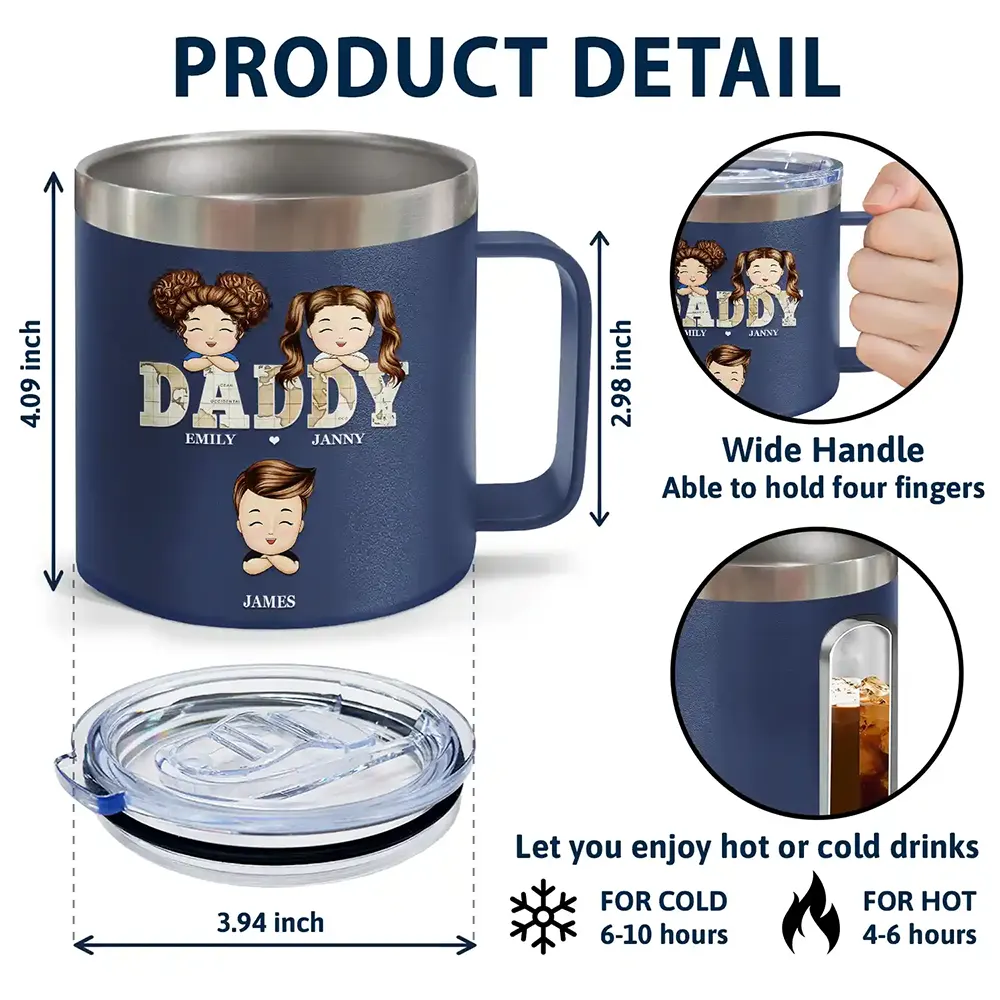 Vintage Map Papa Daddy Grandpa - Personalized 14oz Stainless Steel Tumbler With Handle - Image 4