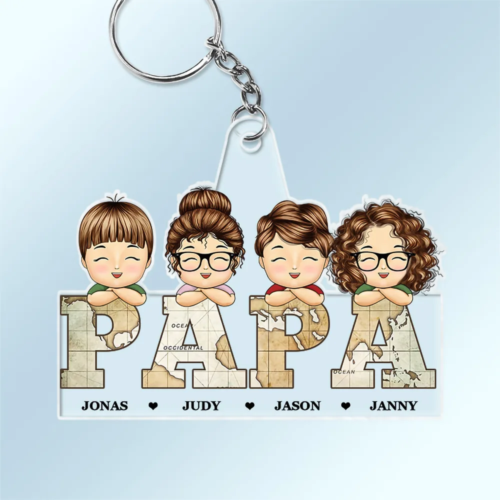 Vintage Map Titles Chibi Kids - Personalized Cutout Acrylic Keychain
