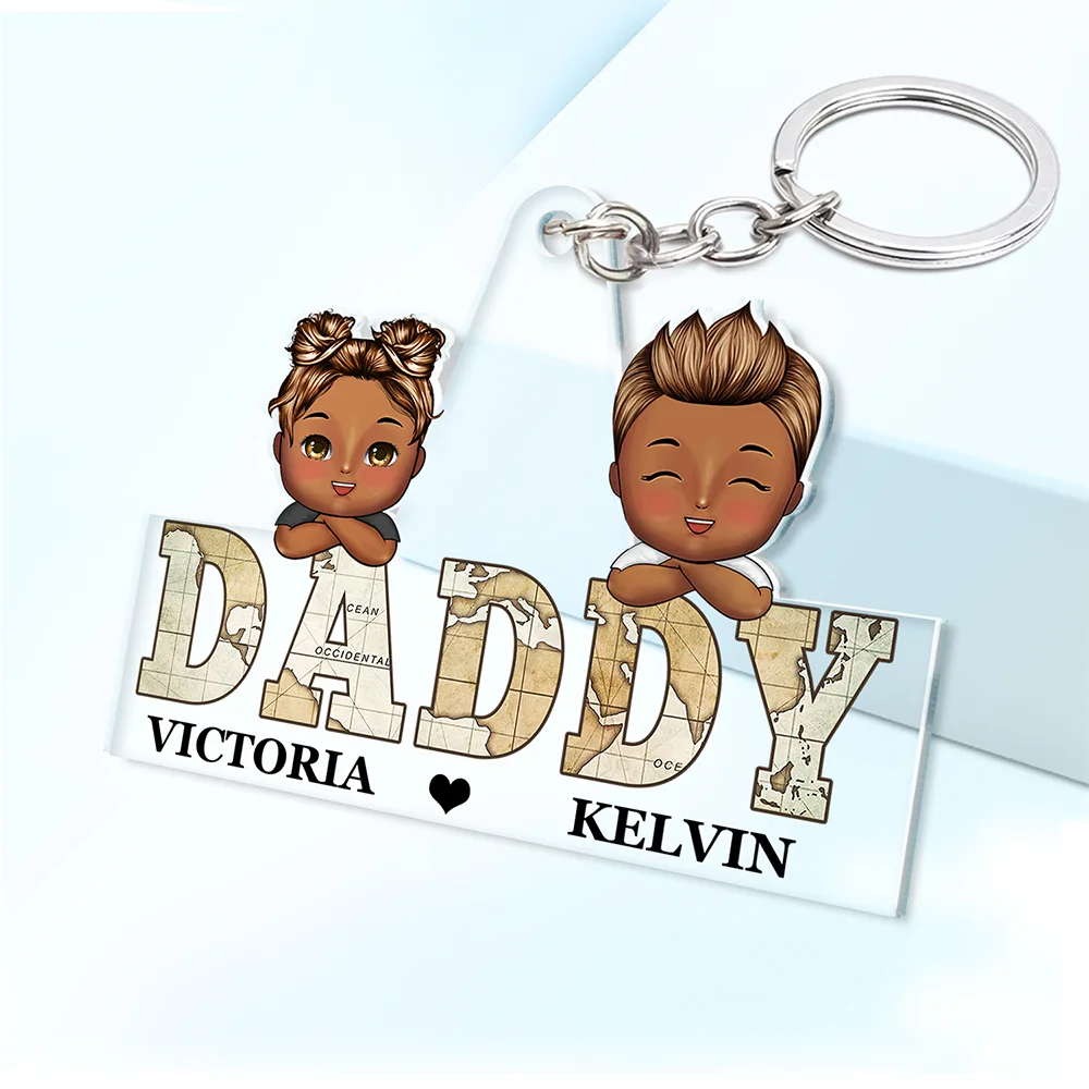Vintage Map Titles Chibi Kids - Personalized Cutout Acrylic Keychain - Image 2