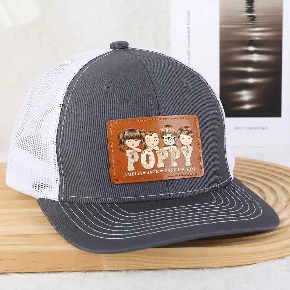 Vintage Map Titles Chibi Kids - Personalized Leather Patch Hat - Image 3