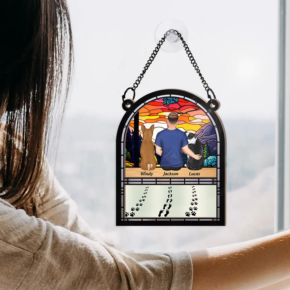 Walking Dog Dad - Personalized Window Hanging Suncatcher Ornament - Image 4