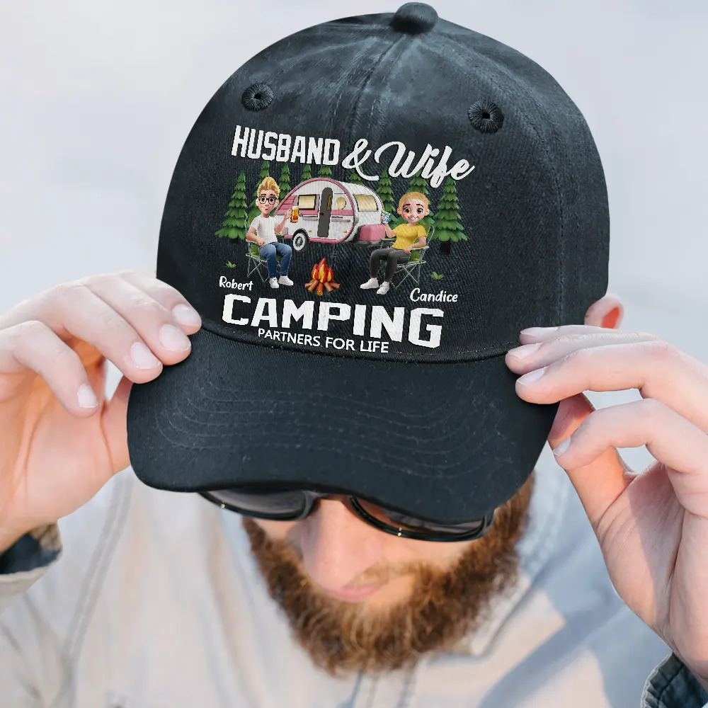 Warning Camping Again - Personalized Vintage Washed Denim Cap - Image 2