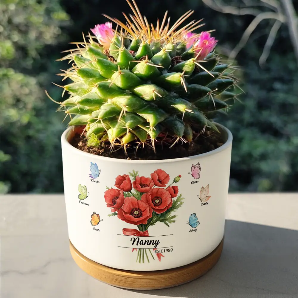 Watercolor Birth Flower Bouquet Mom Grandma - Personalized Ceramic Plant Pot - Image 4