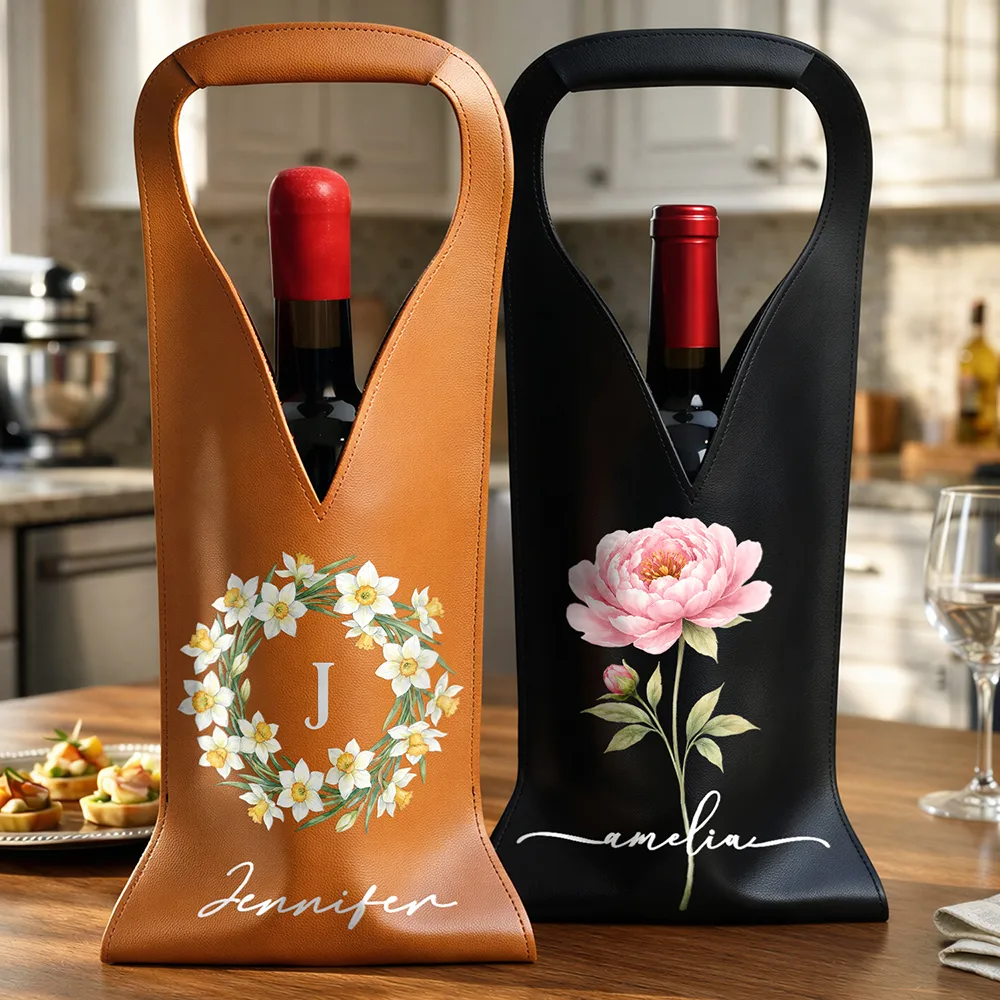 Watercolor Birth Flower Custom Name - Personalized Leather Wine Bag