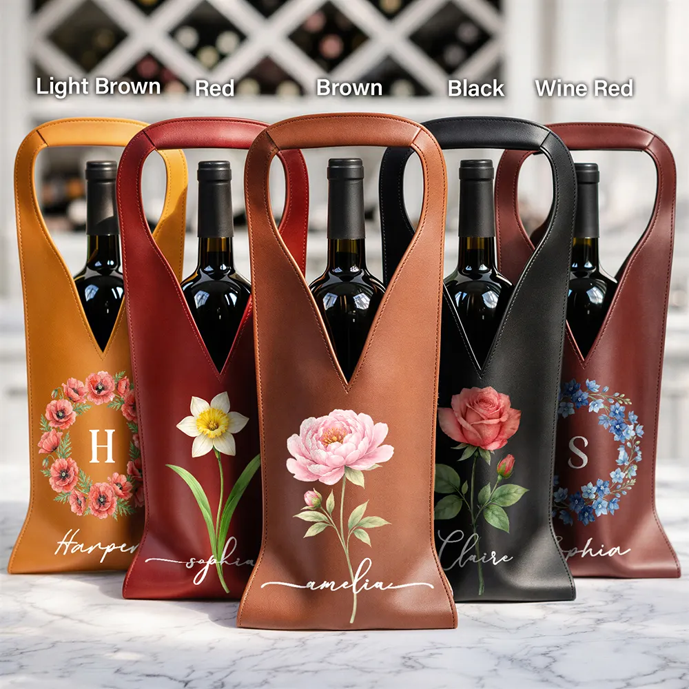 Watercolor Birth Flower Custom Name - Personalized Leather Wine Bag - Image 2