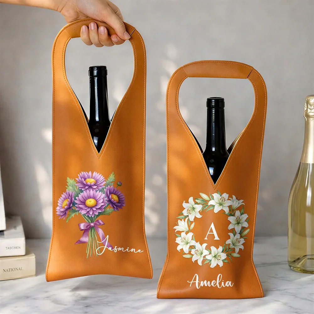 Watercolor Birth Flower Custom Name - Personalized Leather Wine Bag - Image 3