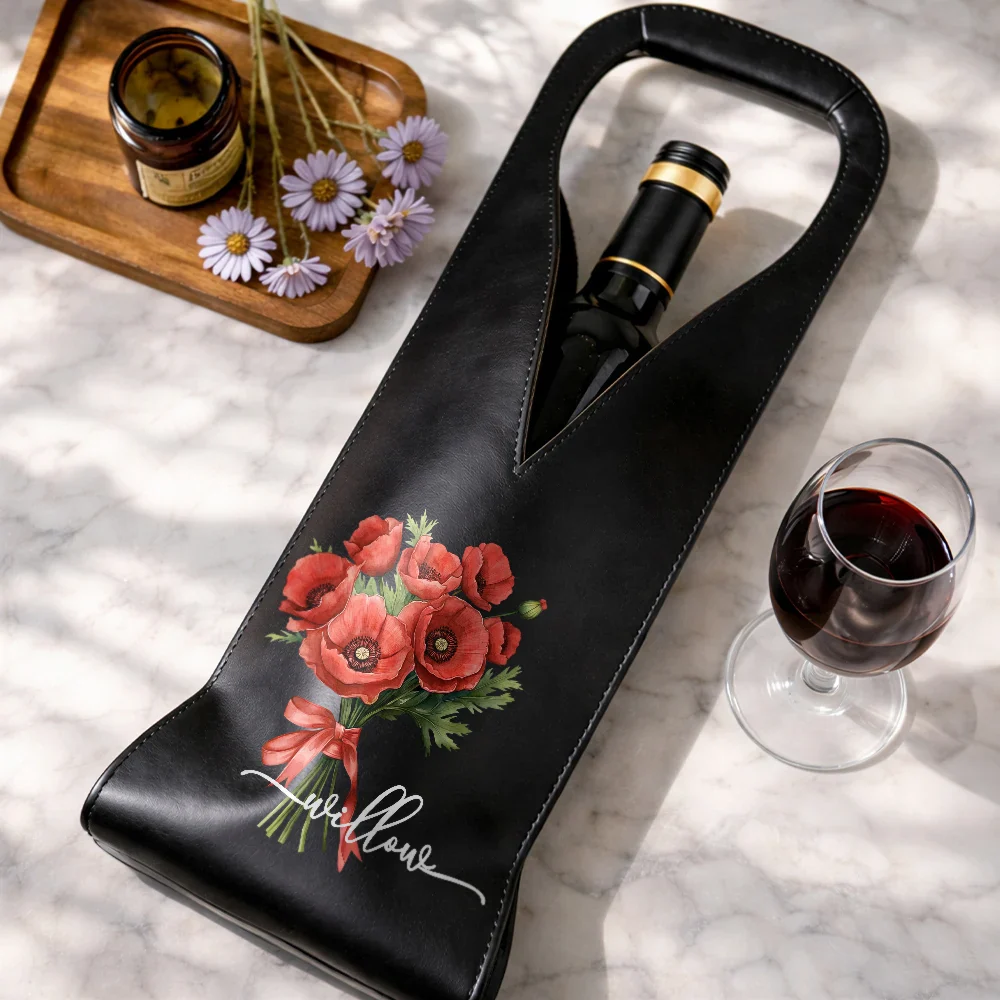 Watercolor Birth Flower Custom Name - Personalized Leather Wine Bag - Image 4